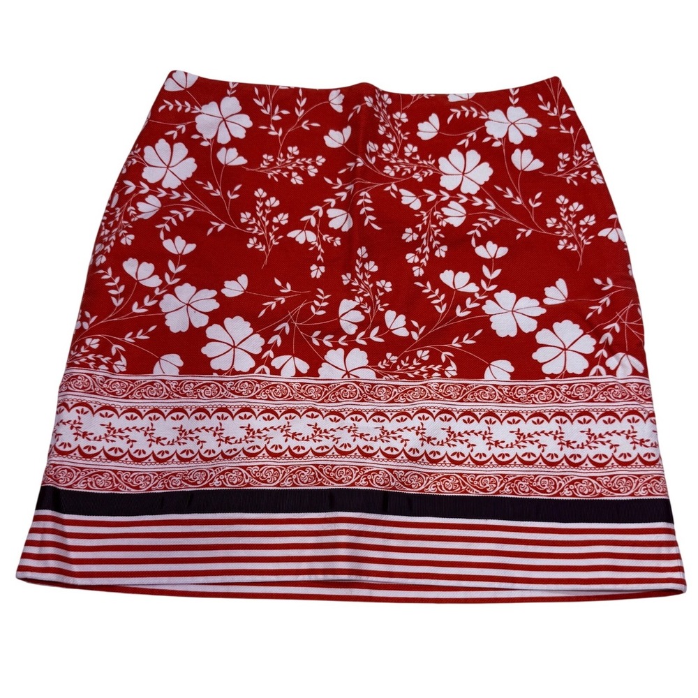 Ann Taylor LOFT Coral Red Floral Border Print Cotton Mini Skirt Size 10